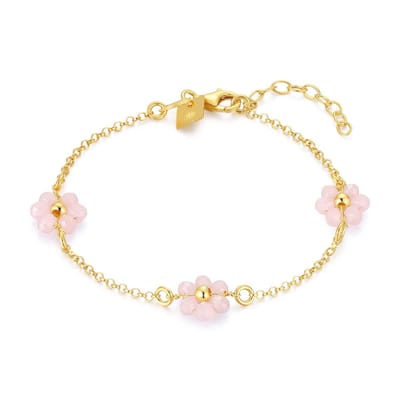 Twice As Nice Armband in 18kt verguld zilver, 3 bloemen, roze steentjes 16cm+3cm