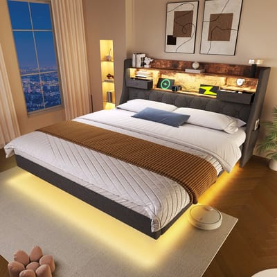 MIVRAY Gestoffeerd Bed 180x200 cm - Tweepersoonsbed Met LED Verlichting en USB Type C Laadpunten - Met Opbergruimte Zonder Matras - Stof - Grijs