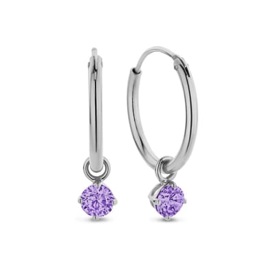 New Bling 9NB-1202 Zilveren Oorringen met Zirkonia hangertje 3mm - Paars - 15 mm - Rhodium - Zilver
