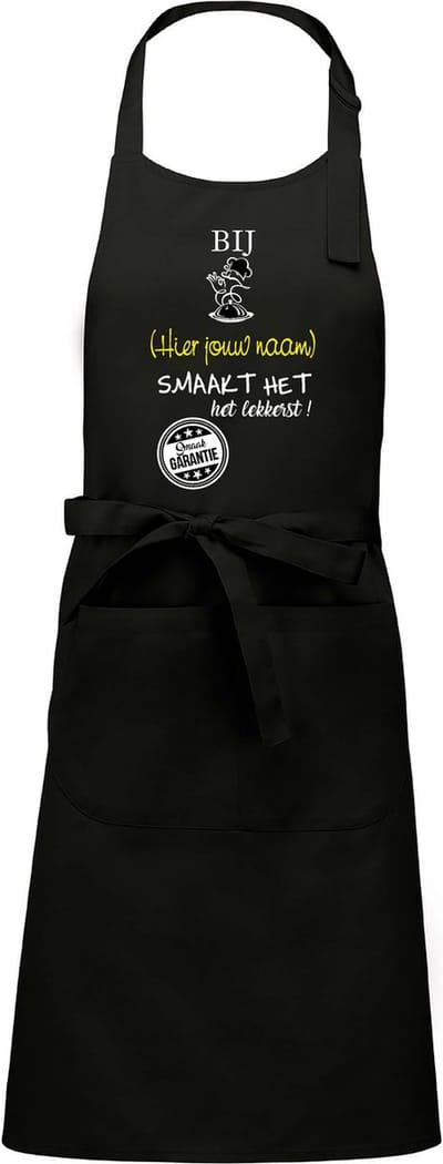 Naamcadeau - Naamschort - Keukenschort met naam - BBQ schort - verjaardag - Vaderdag - Het smaakt het lekkerst bij: Jongens NAAM naar keuze -zwart