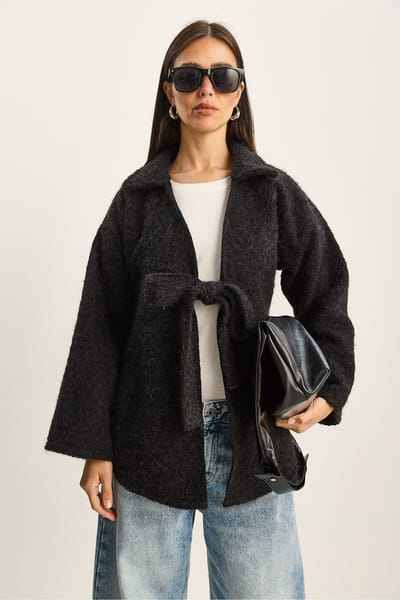 Textuur oversized V-hals cardigan met striksluiting