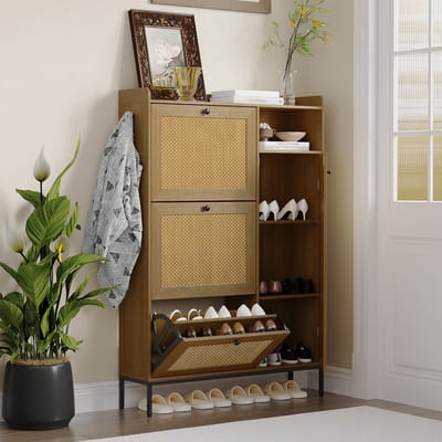Schoenenkast Smal met Rotan Front - 90x23x131cm - Zijhaken - 3 Klepkasten en 4 Lagen Compartimenten - Hoogte Verstelbare Planken - Voor Hal en Woonkamer - Houtkleur