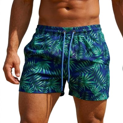 Blauw groen zwembroek heren met tropische bladeren print, elastische tailleband met trekkoord, korte zwemshort strand en vakantie kleding maat M