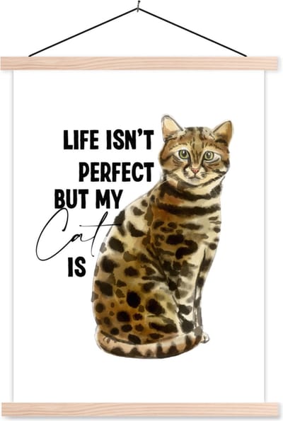 Posterhanger incl. Poster 87x120 cm - Schoolplaat - Spreuken - Quotes - Katten - Life isn't perfect but my cat is - Textielposter - Blanke latten