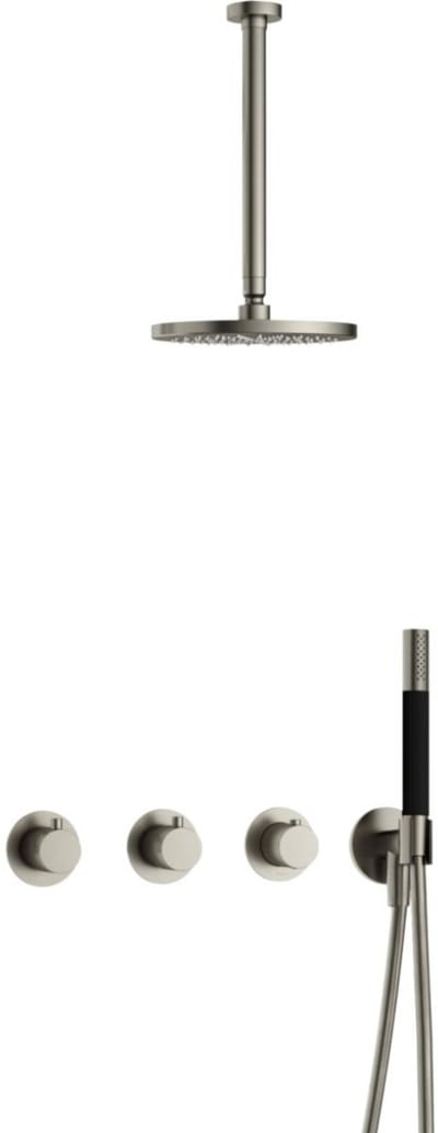 Hotbath Cobber - CB7067 - Inbouw Regendoucheset - Geborsteld Nikkel - 2 Stopkranen - Thermostatisch - Plafondbuis 30 cm - Hoofddouche 200 mm - Staafhanddouche - Waterbesparend