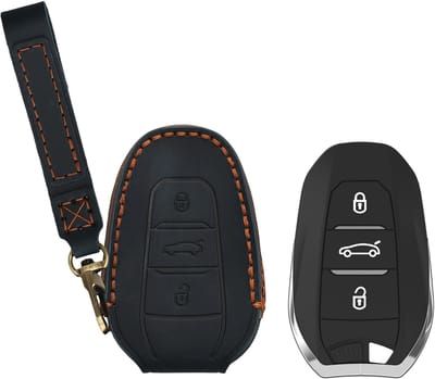 kwmobile Echt leren sleutelhoes voor Peugeot Citroen 3-knops Smartkey autosleutel (alleen Keyless Go) - Premium autosleutel cover - Beschermhoes voor Smart Key - Leren sleutelcase donkerblauw