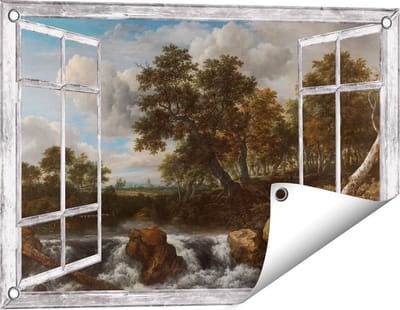 Gards Tuinposter Doorkijk Landschap met Waterval - Jacob van Ruisdael - 60x40 cm - Tuindoek - Tuindecoratie - Wanddecoratie buiten - Tuinschilderij