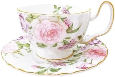 PromoHome Keramische Theekop met Schotel - Roze Pioenrozen Design