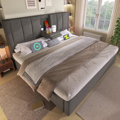 Sweiko Gestoffeerd bed - 140x190 cm - Met bekerhouders - Oplaadpoorten - Opbergruimte - Linnen - Grijs