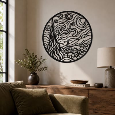 Starry night Wanddecoratie – Rond Zwart MDF – Moderne Line Art Kunst – 35 cm Breed