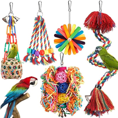 Vogelspeelgoed touw baars met bel kleurrijke vogel kauwen versnipperen foerageren speelgoed papegaai schommel klimmen staand hangend speelgoed kooi accessoires voor Conure Valkparkiet Budgies Lovebird