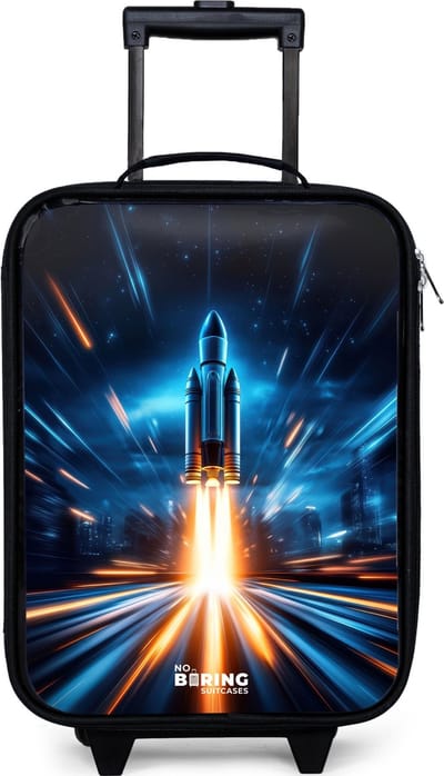 NoBoringSuitcases.com® - Kinderkoffer jongen - Kindertrolley meisje - Ruimteraket stijgt op in nachtelijk lichtspektakel - Koffer kind lichtgewicht - Reiskoffer trolley voor kinderen - Koffertje met lichtgevende wieltjes - Rolkoffer zwart