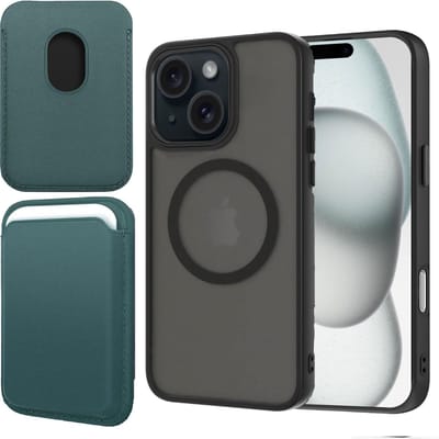 Hoesje + Pasjeshouder geschikt voor iPhone 15 - Portemonnee geschikt voor MagSafe - Magnetisch - Pasjes Houder - Creditcardhouder - Turqoise