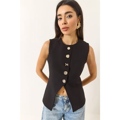 Getailleerde Mouwloze Knopen-Front Vest met Ronde Hals
