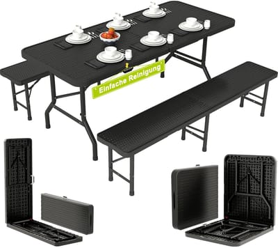 Allero Klaptafel - Klaptafel Met Twee Banken - Zwart - Opvouwbaar - Camping Tafel - Tuinset - Waterdicht - 8 tot 10 Personen