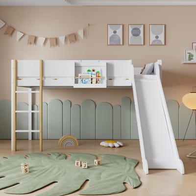 DESMIU Hoogslaper 90x200 cm – Met Glijbaan En Rechte Ladder – Afneembare Opbergplank – Zonder Matras – Voor Kinderkamer – Hout – Wit