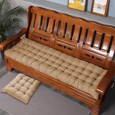 Bankkussen Katoen - Zitkussen Lang - Buiten Zitten - Antislip Bevestiging - 160 x 50 cm - Beige