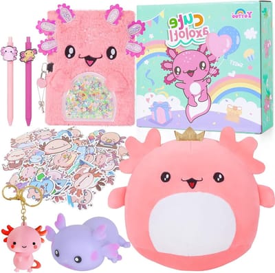 Schattige Axolotl Pluche Speelgoed met Dagboek, Balpen en Stickers - Perfecte Verjaardagscadeaus voor Meisjes van 5-12 Jaar
