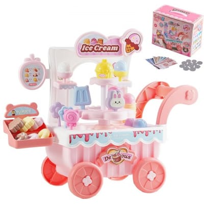 VEVOR ijscowagen, 27-delige accessoires, PP ijssalon, opbergkar met speelgeld, geluids- en lichteffecten, Montessori educatief speelgoed, rollenspel voor peuters vanaf 3 jaar (roze)