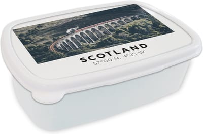 Broodtrommel Wit - Lunchbox - Brooddoos - Schotland - Trein - Vintage - Brug - 18x12x6 cm - Volwassenen