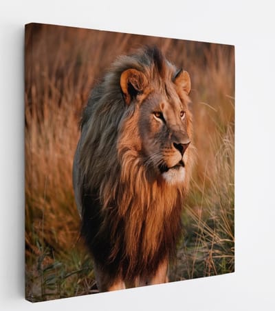 Saammp Canvas Schilderij - Leeuw Tussen Het Hoge Gras - Dieren - Natuur - 20x20 - Foto op canvas - Wanddecoratie - Muurdecoratie Woonkamer - Slaapkamer decoratie - Canvas Print