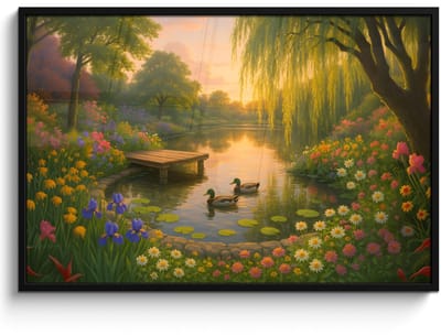 Poster in lijst - Fotolijst 120x80 cm - Posters - Eenden - Vijver - Bloemen - Posterlijst zwart - Decoratie - Wanddecoratie woonkamer - Muurdecoratie slaapkamer