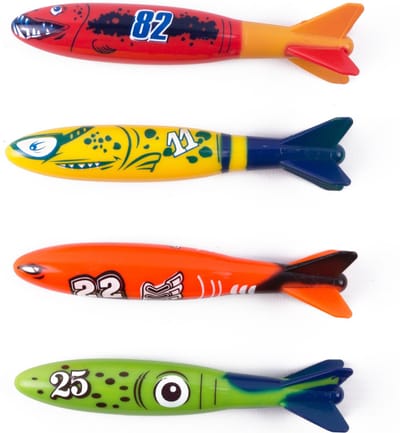 Benson Duikspeelgoed torpedo's - set van 4 - felle kleuren - kunststof - 13 cm