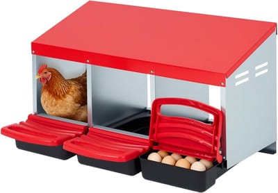 HoerFuriy Kippen-nestkast met 3 Compartimenten - Legbak voor Kippen met Automatisch Afrolsysteem - Verzinkt Staal - Rood - Voor Kippen, Ganzen en Eenden - 81x35x47CM