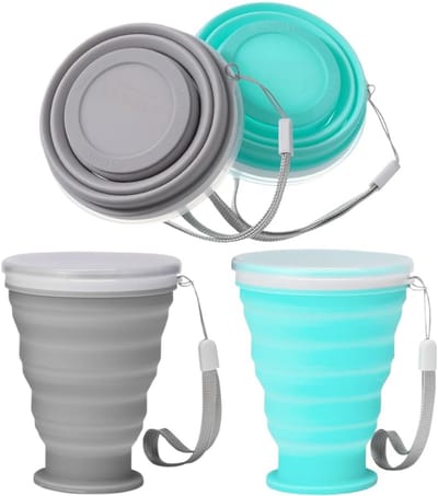 Opvouwbare Reisbekers - Set van 2 - Compact Reizen - Met Deksel en Lus - 300 ml - Grijs