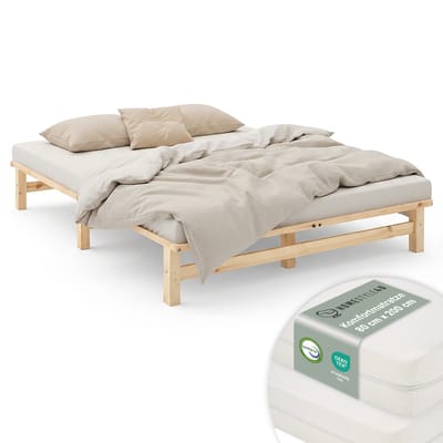 Homestyle4u Tweepersoonsbed - 160x200 cm - met Matras - Massief Houten - Natuurlijk