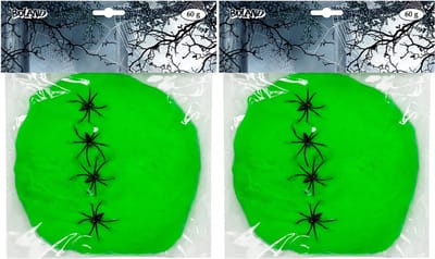 Boland decoratie spinnenweb/spinrag met spinnen - 2x - 60 gram - lichtgroen - Halloween/horror thema versiering