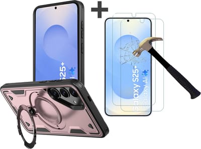 Hoesje Geschikt voor Samsung Galaxy S25 Plus met 2 Stuks gehard glas Screenprotectors - Armor hoes met Ringhouder - Arara backcover - Rosegoud