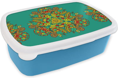 Broodtrommel Blauw - Lunchbox - Brooddoos - Patronen - Krullen - Folklore - 18x12x6 cm - Kinderen - Jongen