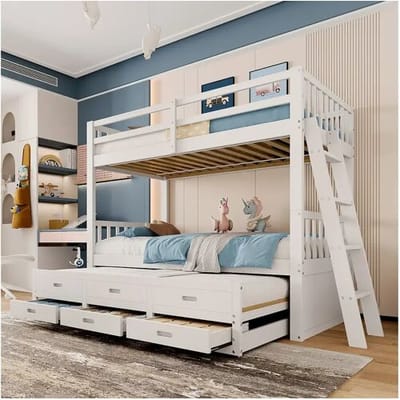 Merax Stapelbed met onderschuifbed voor kinderen 3 plaatsen - 90 x 200 cm - 3 laden - grenen en MDF - wit