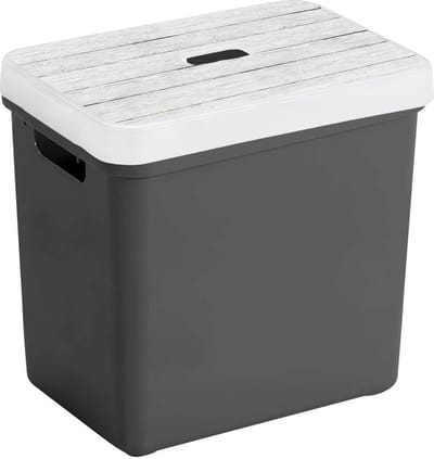 Sunware Opbergbox - mand - antraciet - 25 Liter - kunststof - met houtkleur deksel - opslag kist - 35 x 25 x 36 cm