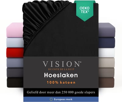 VISION Hoeslaken - 100% katoen - 160x200 cm - Zwart - Tweepersoonsbed - Oekotex gecertificeerd