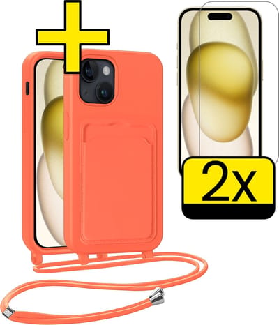 Hoesje Geschikt voor iPhone 14 Pro Max Telefoonhoesje Met Koord Case Pashouder Met 2x Screenprotector Siliconen - Hoes Geschikt voor iPhone 14 Pro Max Hoesje Met Kaarthouder - Papaya