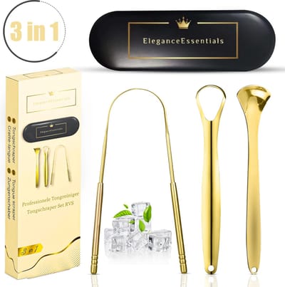 PREMIUM Tongschraper - Unieke goude kleur - Tongschrapers - Tongue scraper - Tongreiniger Anti-Slechte Adem - Roestvrij Staal - Professionele tongschraper - Tongreiniger - Tongschraper koper - Mondhygiëne tongschraper - 3 in 1 Set