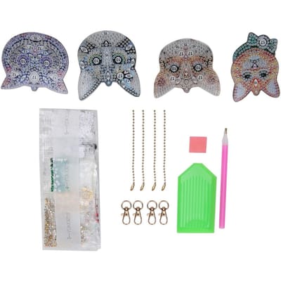 Handgemaakte Leuke DIY Volledige Strass Schilderij Sleutelhanger Sleutelhanger Decoratie Hanger Ornament(Kattenkop ) white