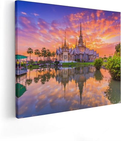 Artaza Canvas Schilderij Tempel Thailand - 50x40 cm - Wanddecoratie Zon - Muurdecoratie Reflectie - Kamer Accessoires
