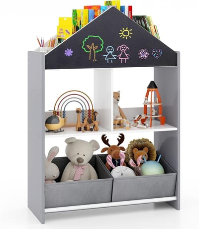 KOMFOTTEU 2-in-1 kinderboekenkast, speelgoedrek met bord, 4 bovenste vakken, 2 open vakken en 2 stoffen boxen, anti-kantelkits, staand rek, opbergrek voor speelkamer en kinderkamer (grijs)