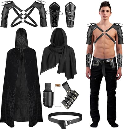 9-delige Middeleeuwse Ridder Kostuum voor Mannen met Kapmantel, Retro Sjaal, PU Leren Riem, Schouderpantser, Buckle, Bracers en Zwaardhouder voor Halloween en Verkleedfeest