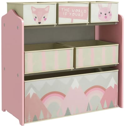 WEVERO Speelgoedplank met 6 Stoffen Dozen – Kinderkamer Opbergrek Speelgoedkast met Verwijderbare Bakken – 63x30x66 cm – Roze