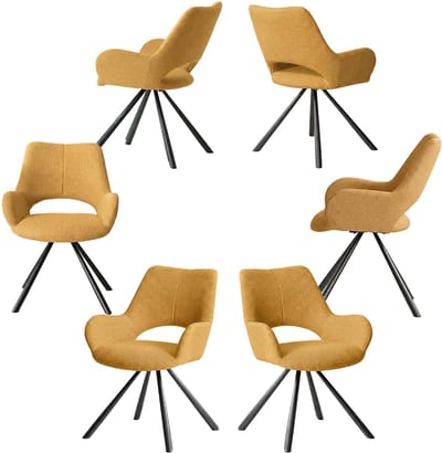 Set van 6 eetkamerstoelen met rugleuning en armleuningen, gestoffeerde zitting in gele stof, 58,5 x 59 x 81 cm