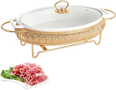 Keramische Warmhoudschaal - Ovale Serveerschaal - Buffet Warm Houden - Met Glazen Deksel - Klein 35 cm - Wit