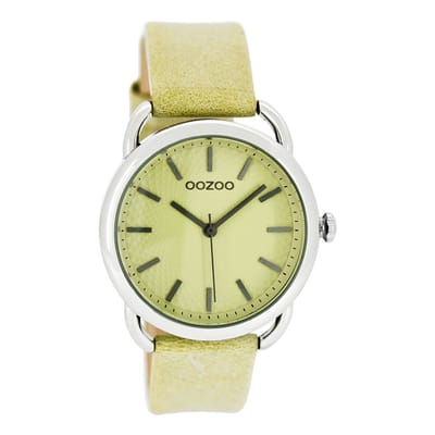 OOZOO Timepieces - Zilverkleurige horloge met zand/licht groene leren band - C8715
