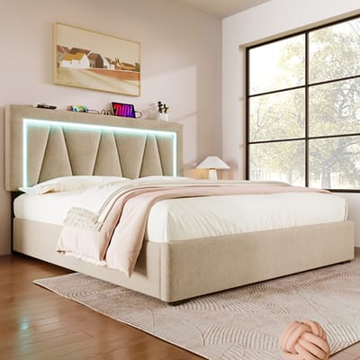 KOMHTOM Bed Volwassenenbed 140x200 Tweepersoonsbed LED bed met USB-oplaadfunctie Type C en LED-verlichting Opbergbedsm Beige