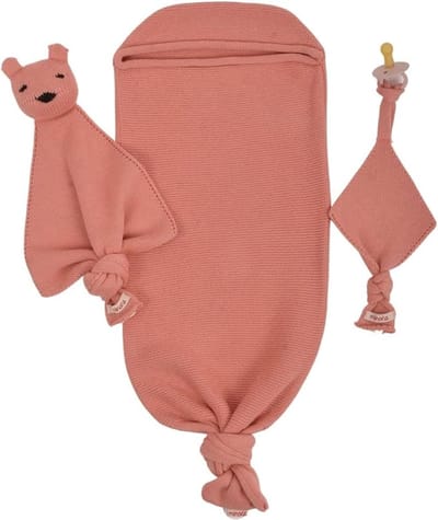Minora Inbakerslaapzak Set 0/8 maand- Cocoon Teddy en Fopspeenhouder- 3 Delig babykleding jongens en meisjes-Winterslaapzak- Swaddle-Inbakerdoeken- Kraamcadeau - Newborn- Zalm-Moederdag- Sinterklaas