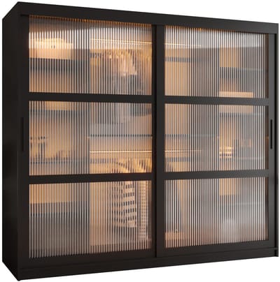 Zweefdeurkast Kledingkast met 2 schuifdeuren glanzen slaapkamerkast Kledingstang met planken Garderobekast met geribbeld glas - ARTON (200 cm, Zwart)