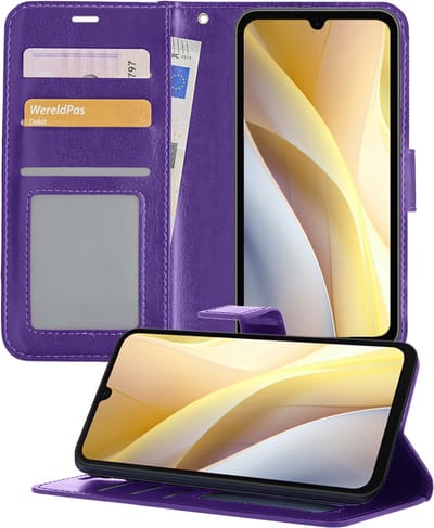 Hoesje - Met Pasjeshouder - Geschikt voor Samsung Galaxy A15 - Luxe Bookcase Portemonee - Flip Case - Kunstleer Book Case - Flipcase - Book Cover - Walletcase - Portemonneehoes - Telefoonhoesjes - Paars